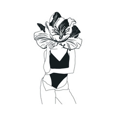 Abstract Minimalistic Woman Figure With Flowers. Fashion Sensual Vector Illustration Of Female Body In Trendy Linear Style. Design for t-shirts print, poster, tattoo, logo. 