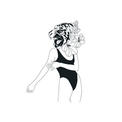 Hipster woman with tiger head with flowers. Hand drawing contemporary collage. Beautiful linear female body. Tattoo sketch. Design for t-shirt, poster. Vector illustration. 