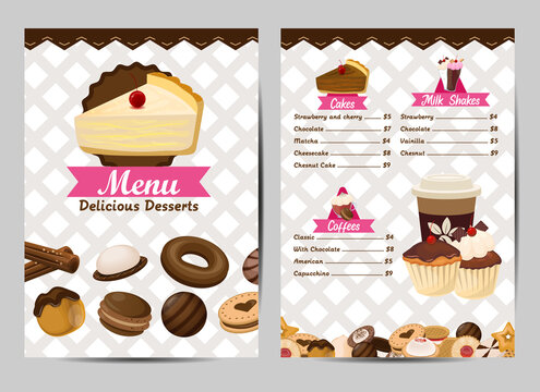 Cakes and desserts menu concept food restaurant template vector