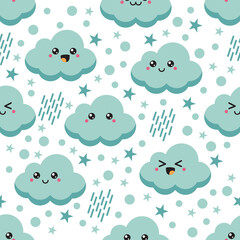  
Illustration vector graphic of cute clouds kawai, rain, dots,stars seamless pattern.
Good for printing on linen, fabric, textile  and background. 