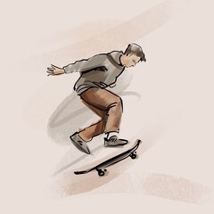 A young skateboarder training in a skatepark, jumping on a skateboard into the air with a coup