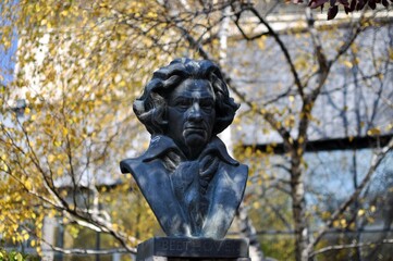 The bronze bust of Ludwig van Beethoven at the greenery METU park. Beethoven is German composer and pianist, one of the most admired composers in the history of Western music.