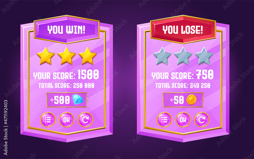 Poster game ui interface boards with level score, win and lose banners from purple crystal with golden fram