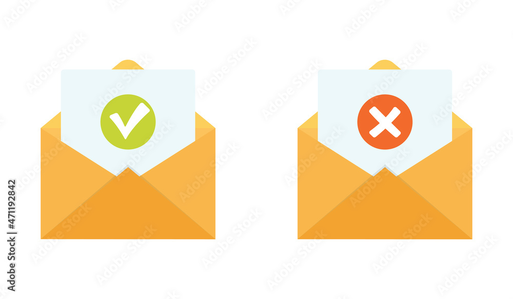 Poster confirmation or rejection email concept. open envelope with a check mark and a cross.