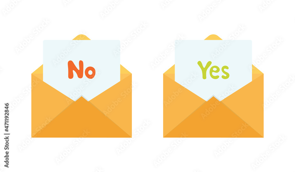 Aufkleber letter of rejection and approval. open envelope with document yes and no.