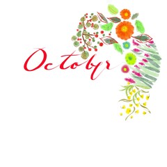 Calendar of October month with flowers. Hand drawn to watercolor brush.