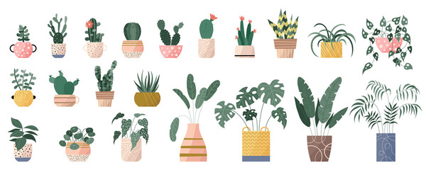 Fototapeta na wymiar Trendy collection of home cute plants and succulents in flowerpots pack icons. Set of houseplants and cacti in pots modern illustrations. Cozy vector decorative elements in flat swiss style.