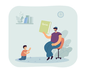Father showing Quran to little son at home. Muslim man in hat holding holy book of Islam flat vector illustration. Family, religion, Ramadan concept for banner, website design or landing web page