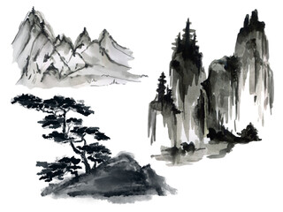 Tree and mountains black and white ink watercolor asian style  Traditional chinese forest plant elements
