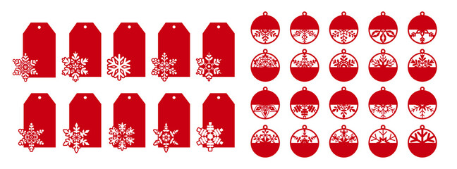 Christmas gift tags or gift labels with snowflakes. Vector decorative elements. Silhouettes of discount price tags for fall or winter sale. Tag stencils for plotter, paper cut or laser cutting