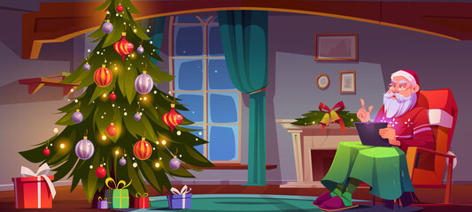 Santa Claus setting in chair in living room with Christmas tree, gift boxes and fireplace. Vector cartoon illustration for winter greeting card with grandfather in armchair with digital tablet