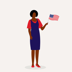 Young Patriotic Black Woman Waving A Small American Flag With Plastic Stick.