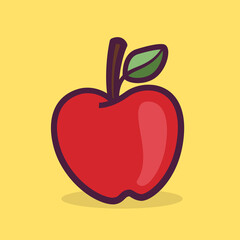 Red Apple Fruit With Leaf In Hand-Drawn Style.
