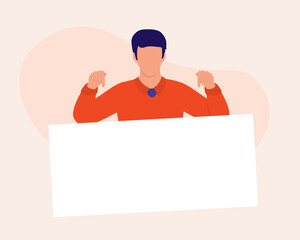 Young Man With Both Fingers Pointing Down At A Blank Banner Or Sign.