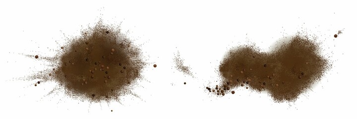 Scatters of black pepper seeds and powder. Vector realistic illustration of ground peppercorn seasoning with whole grains. Piles of hot bitter spice isolated on white background