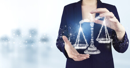 Labor Law Lawyer Legal Business. Two hand holding virtual holographic Labor Law icon with light...