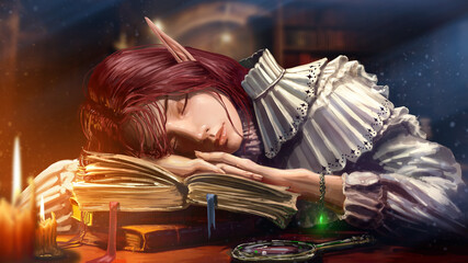 A sweet young elf girl, peacefully fell asleep on a pile of old thick books, she has a perfect touching face, long ears, red hair, she is lit by the moon from the library windows and candles. 2D art - obrazy, fototapety, plakaty