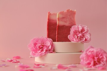 Rose soap. Beauty and aromatherapy. Flower soap. Pink soap bars and pink roses on podium on pink background
