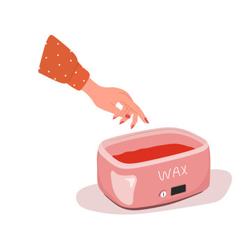 Paraffin therapy. Electronic bath for melting moisturizing wax. Skin care for female hands. Vector illustration in flat cartoon style.
