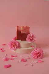 Rose soap. Beauty and aromatherapy. Flower soap. soap bars and pink roses on podium on pink background.Organic Rose Soap with Rose extract .Organic vegan eco cosmetics.