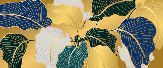 Luxury gold nature background vector. Floral pattern, Golden split-leaf Philodendron plant with monstera plant line arts, Vector illustration. © TWINS DESIGN STUDIO