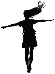 Fototapeta na wymiar A black silhouette of a Japanese schoolgirl with a briefcase and a skirt, she happily walks awkwardly catching her balance with long thin hands, her long hair fluttering in a strong wind. 2d art