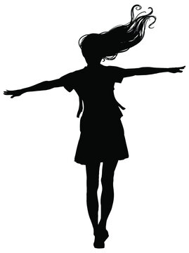 A black silhouette of a Japanese schoolgirl with a briefcase and a skirt, she happily walks awkwardly catching her balance with long thin hands, her long hair fluttering in a strong wind. 2d art