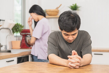 Breakup and depressed, asian young quarrel  couple love fight relationship in trouble. Different people are emotion angry. Argue husband has expression, upset with wife. Problem of family people.