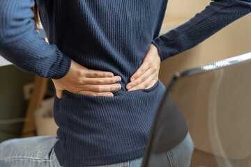 Body muscles stiff problem, asian young attractive woman, girl pain with back pain ache from...