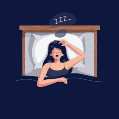 Snoring vector illustration. Woman lying in the bed, snores loudly with open mouth while deep sleep. Female person catching some zzz's. Sleep apnea, snoring, fast asleep concept for web.Flat design - 471196828