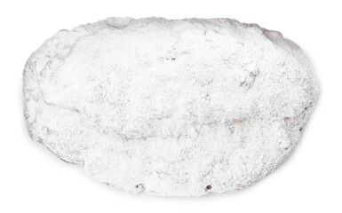 Delicious Stollen sprinkled with powdered sugar isolated on white, top view