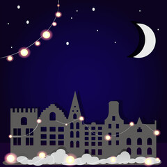 Christmas night city. urban silhouette against the background of the night sky with garlands