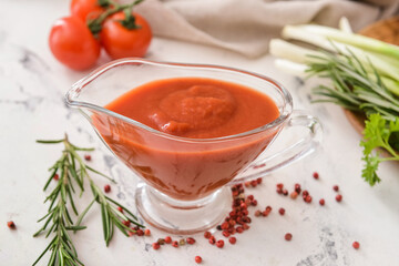 Gravy boat with organic tomato sauce on white background