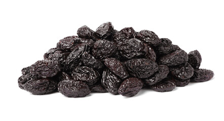 Pile of sweet dried prunes on white background