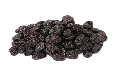 Pile of sweet dried prunes on white background