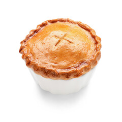Tasty beef pot pie on white background
