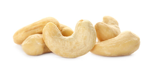Pile of tasty organic cashew nuts isolated on white