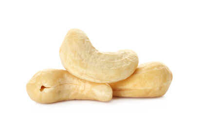 Pile of tasty organic cashew nuts isolated on white