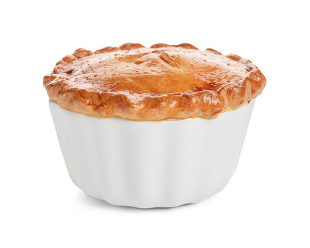 Tasty beef pot pie on white background
