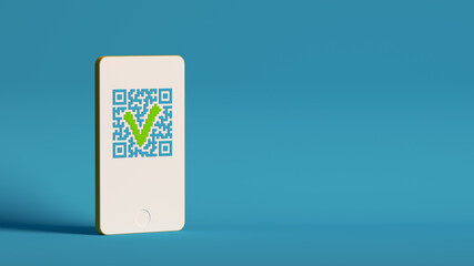 A mobile smartphone scans a Qr code on a blue background - Approved. Cashless technology and the concept of digital money. 3d visualization.