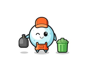 the mascot of cute snow ball as garbage collector