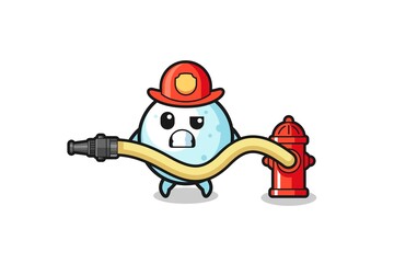 snow ball cartoon as firefighter mascot with water hose