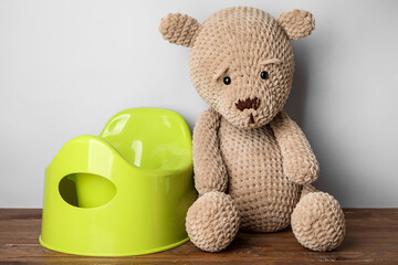 Potty and toy bear on wooden floor near light wall