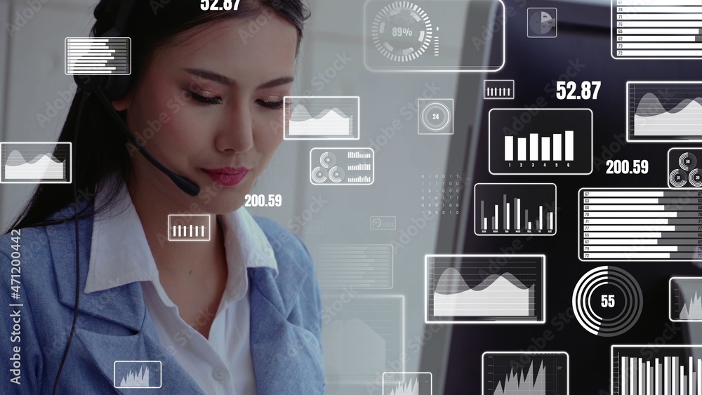 Poster customer support call center provide data in conceptual vision . business and communication technolo