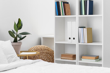 Bookshelf in stylish interior of modern bedroom