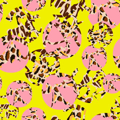 Abstract leopard style vector seamless pattern. Bright pink circles with Spotted contours like animal skin on green yellow background. Template for design, textile, wallpaper, ceramics.