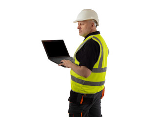 Studio portrait of builder worker. Builder worker works with laptop. Construction company employee on white background. Builder worker uses laptop to design concept. Employee of engineering firm.