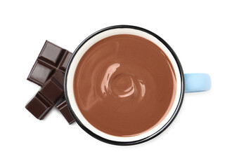 Yummy hot chocolate in mug on white background, top view