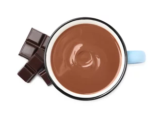Foto op Canvas Yummy hot chocolate in mug on white background, top view © New Africa
