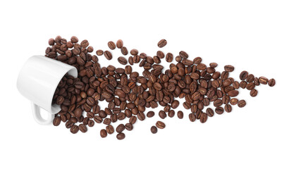 Overturned cup with roasted coffee beans on white background, top view